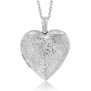 Locket Pendant Necklace Charm 1.5&Prime; Engraved Flowers Heart Shape